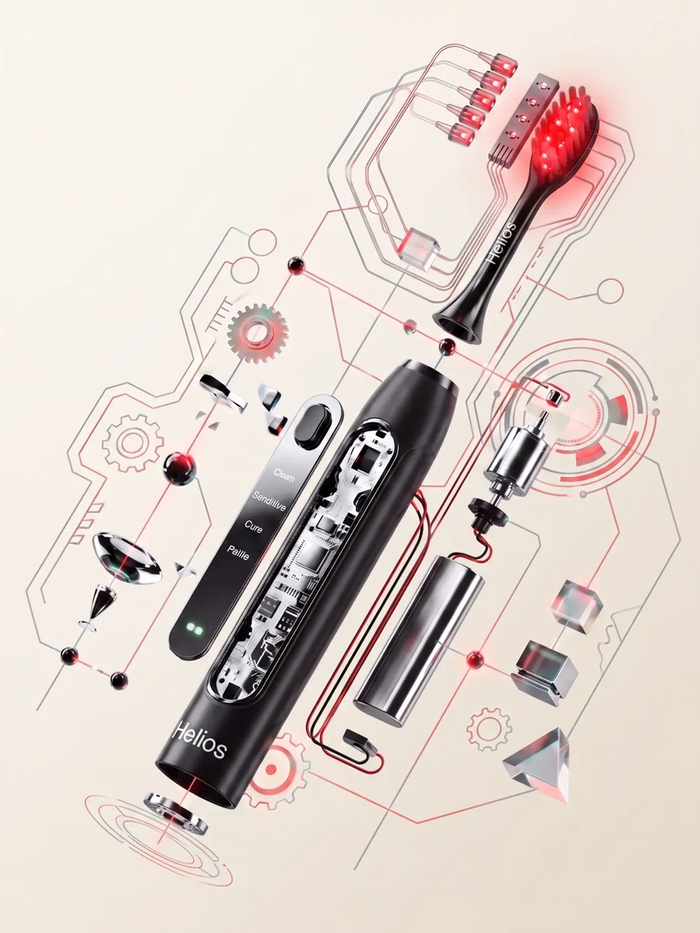 Exploded Helios toothbrush schematic showing the brush head, controls, internal electronics, motor and battery