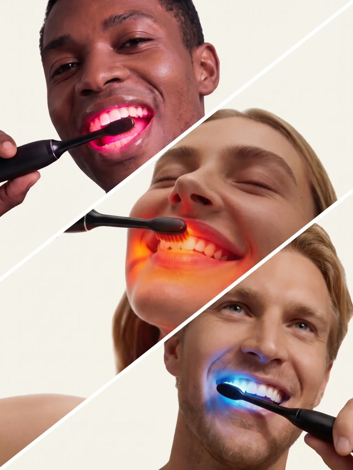 Three people brushing with the Helios toothbrush in red, near-infrared and blue light modes