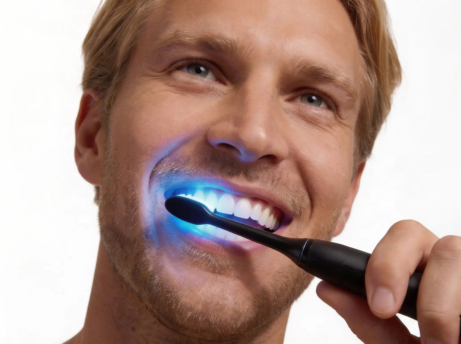 Man brushing his upper teeth with a Helios toothbrush illuminated in blue