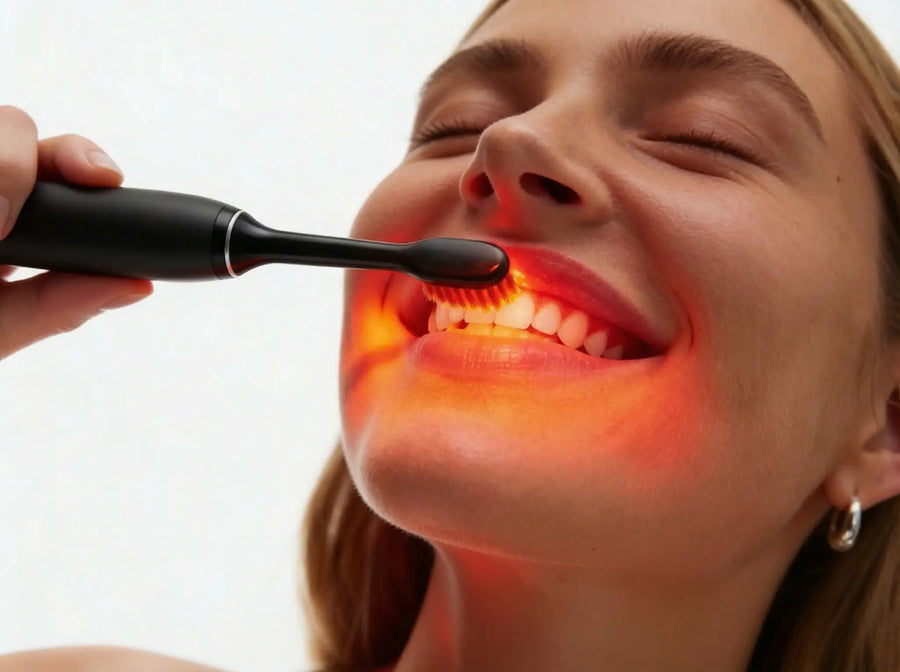 Woman brushing her upper teeth with a Helios toothbrush illuminated in red