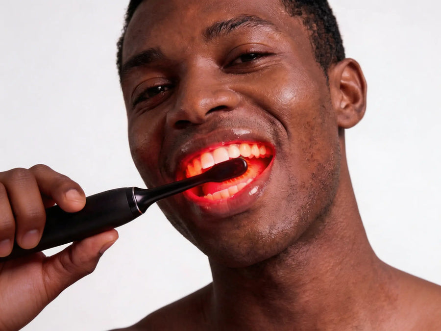 Man brushing his lower teeth with a Helios toothbrush while the 830nm mode is selected